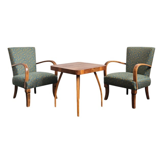 Spider Coffee Table and Hungarian Late Art Deco Armchairs by Jindrich Halabala, 1950s, Set of 3 For Sale