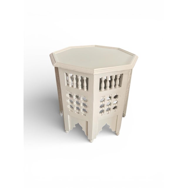Moroccan Contemporary Moroccan Octagonal Hand-Carved White Inlaid Side Table For Sale - Image 3 of 9