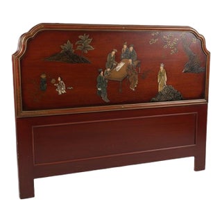 Vintage Chinoiserie Red Lacquer Full Headboard With Hand-Painted Scholar's Scene For Sale