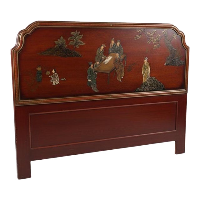 Vintage Chinoiserie Red Lacquer Full Headboard With Hand-Painted Scholar's Scene For Sale