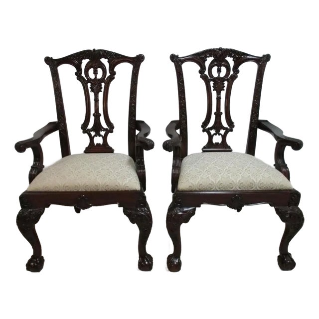 1980s Pair Drexel Mahogany Chippendale Ball Claw Dining Room Armchairs For Sale