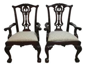 1980s Pair Drexel Mahogany Chippendale Ball Claw Dining Room Armchairs