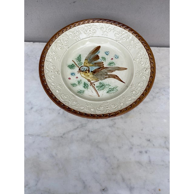 German Majolica Bird Cake Stand Circa 1890. Bird with a branch and flowers.