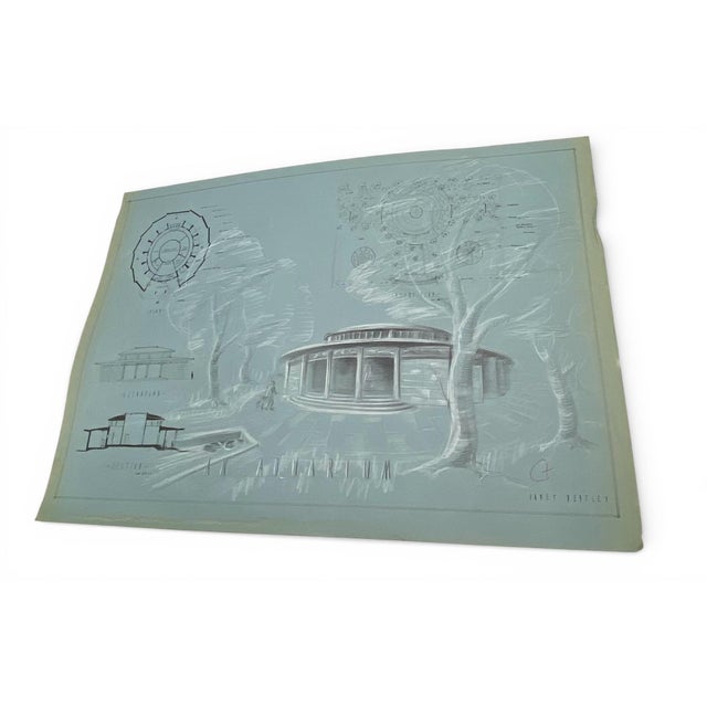 Mid-Century Modern Janet Bentley, Round Pavilion / Aquarium Study Architectural Presentation Drawing, 1953, Mixed Media on Paper For Sale - Image 3 of 14