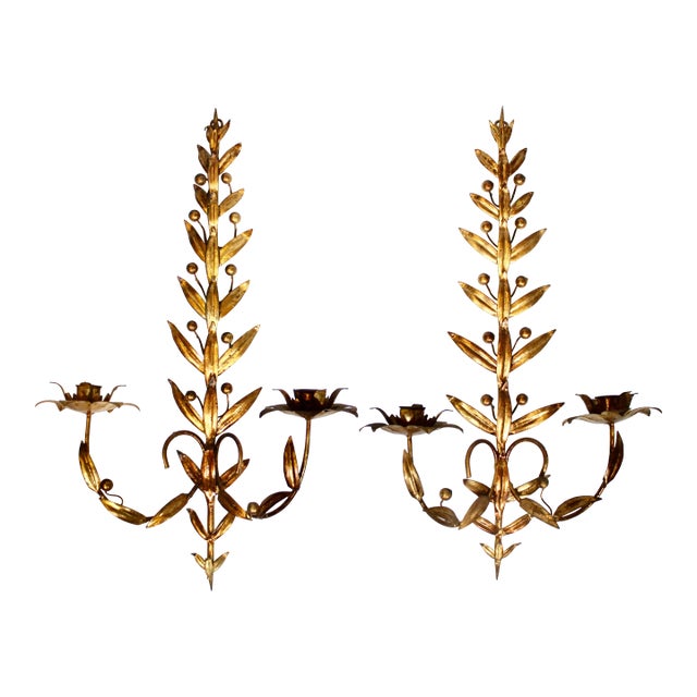 Mid 20th Century Italian Golden Gilt Tole Wall Sconces For Sale