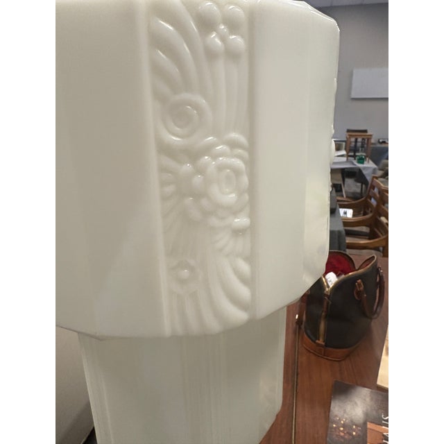 Art Deco Antique Art Deco Opaline Floral Embossed Milk Glass Pendant Light For Sale - Image 3 of 5