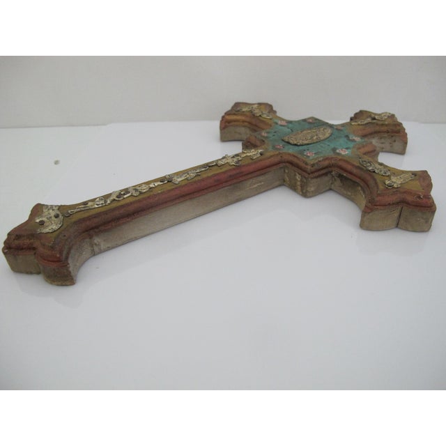 Mid 20th Century Mexican Turquoise Wood Folk Art Milagros Lady of Guadalupe Metal Charms Cross For Sale - Image 5 of 9