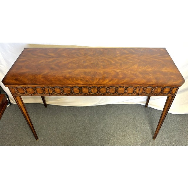 Theodore Alexander Theodore Alexander Mahogany Console Table With Center Drawer and Circular Pattern Apron For Sale - Image 4 of 17