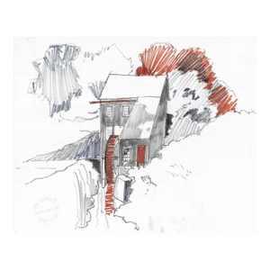 1950s Norman Kent Autumn Mill Scene Drawing