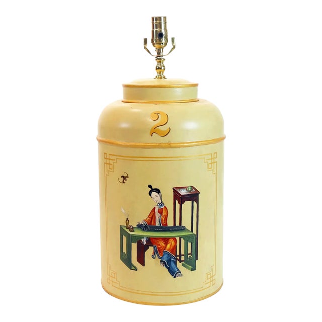 Chinoiserie A Pair 1990s British Chinoiserie Hand-Painted Tin Tea Canister Table Lamps For Sale - Image 3 of 11