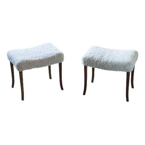 Vintage Swedish Stools with Sheepskin, 1940s, Set of 2 For Sale