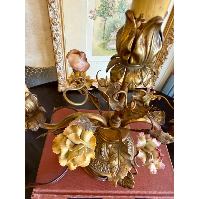 Antique French Gilt Floral Candelabra Table Lamp For Sale - Image 15 of 16