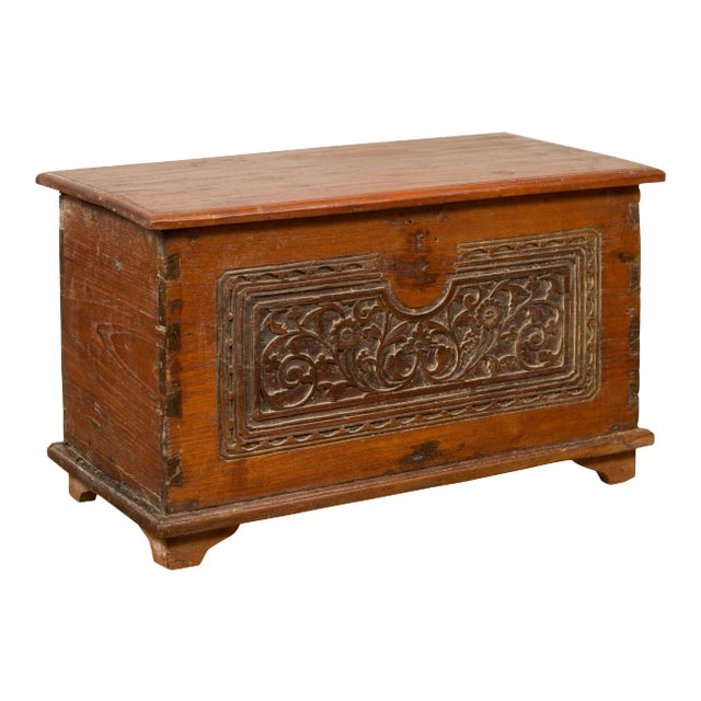 Mid 20th Century Indonesian Vintage Wooden Blanket Chest with Carved Foliage and Floral Motifs For Sale