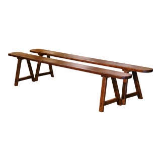 Pair of 19th Century French Carved Pine Trestle Benches From Normandy For Sale