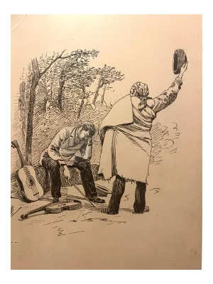 Florisa Cordova - Music Players - Original Ink Drawing - Mid-20th Century