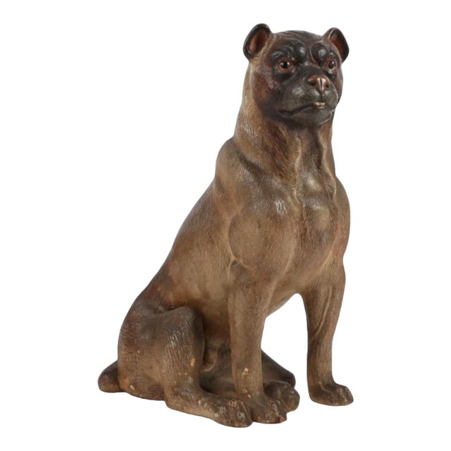 Huge 16.5” Antique Austrian Terracotta Pug Dog Sculpture W Glass Eyes For Sale