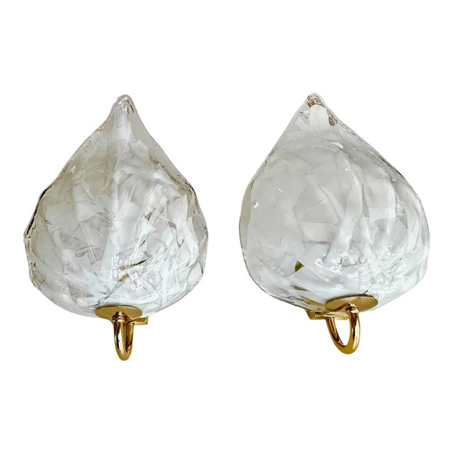 Pair of Mazzega Murano White and Clear Glass Leaf Wall Sconces For Sale