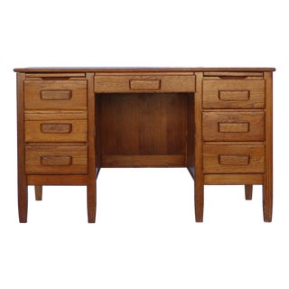 Vintage Solid Oak Pedestal Desk, C. 1940s For Sale