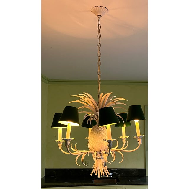 Italian white painted tole pineapple chandelier with green paper shades. Wonderful detail. Six lights. Good condition -...