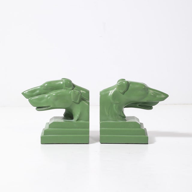 Pair of Green Enameled Double Greyhound Bookends Signed Nuart Creations For Sale - Image 9 of 10