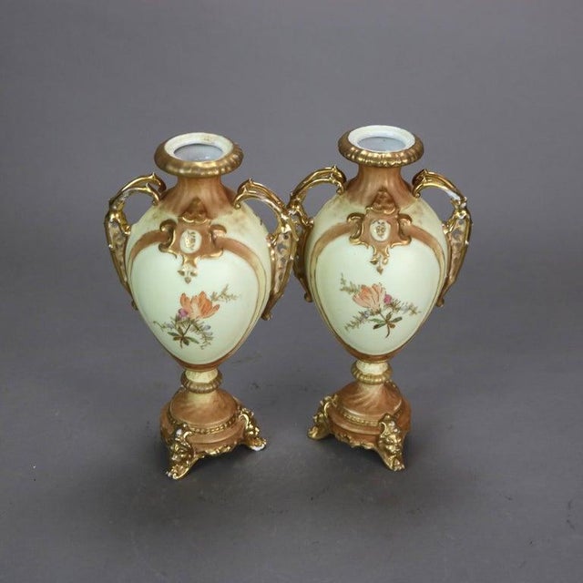 Ceramic Pair Antique Rudolstadt Hand Painted and Gilt Porcelain Bolted Urns 1890s For Sale - Image 7 of 8
