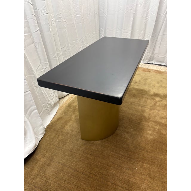 Custom Console Table Attributed to Arhaus Distressed Black Painted Top | Gold Dauphine Pedestal Base For Sale - Image 10 of 18