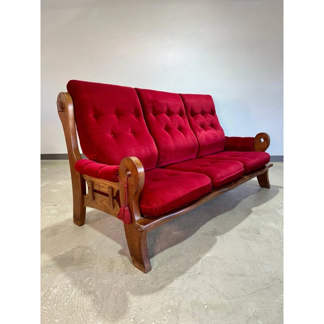 Guillerme et Chambron 1970’s Vintage French Brutalist Oak and Red Velvet Sofa For Sale - Image 4 of 12