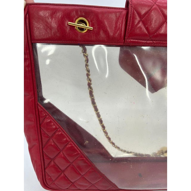 Contemporary Chanel Vintage Red Leather Clear PVC Shoulder Bag Tote c1990s For Sale - Image 3 of 11