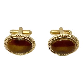 1970s Mid-Century Hollywood Regency Boho Chic Gold Tone Oval Brown Cufflinks - A Pair For Sale