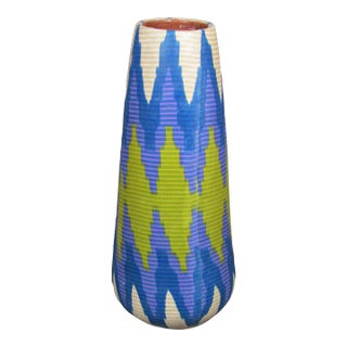 Tall Modern Geometric Patterned Clay Vase For Sale
