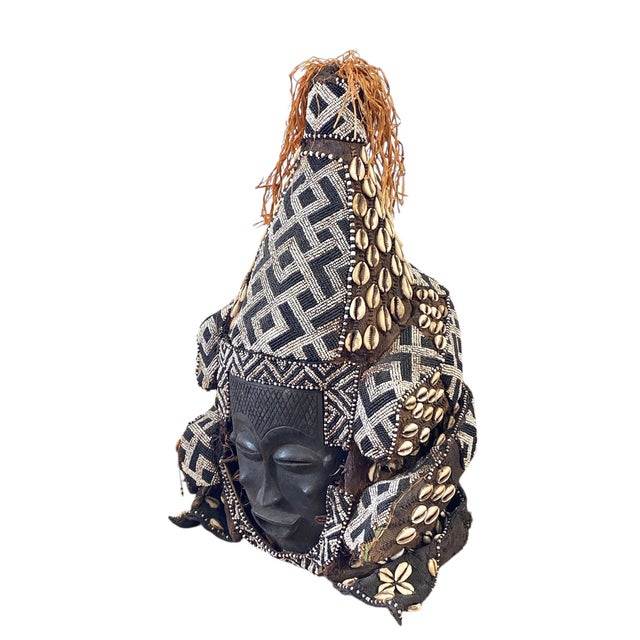 Textile Vintage Large African Tribal Beaded Kuba Royal Head Mask/Helmet Congo 22" H For Sale - Image 7 of 13
