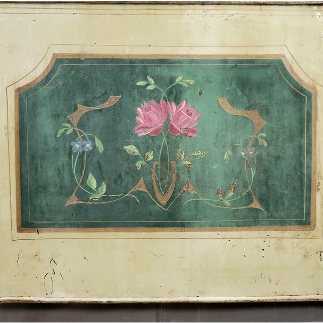 A beautiful, unique antique art nouveau, circa 1910-1920, French metal twin size headboard painted in shades of green and...