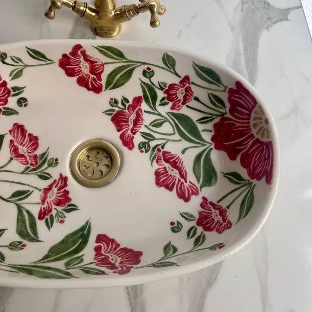Red Flower Oval Vessel Sink, Hand-Painted Moroccan Ceramic Bathroom Basin For Sale - Image 9 of 9