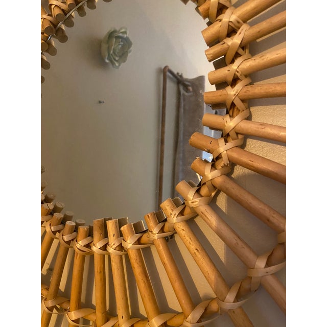 Vintage Mid-Century Rattan Sunburst Wall Mirror – Handwoven Bamboo Starburst Design, 1960s–1970s Style For Sale - Image 4 of 5