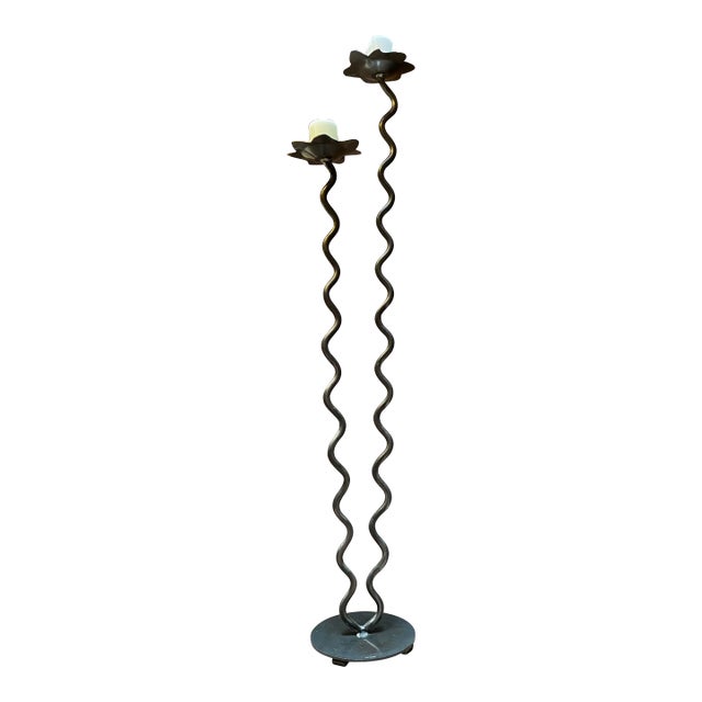 Four Feet Tall Postmodern Hand Forged Steel Curvy Pedestal Sculpture Double Candelabra Display For Sale