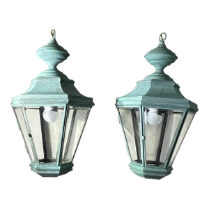 Pair of Vintage Handcrafted Brass Hanging Lanterns