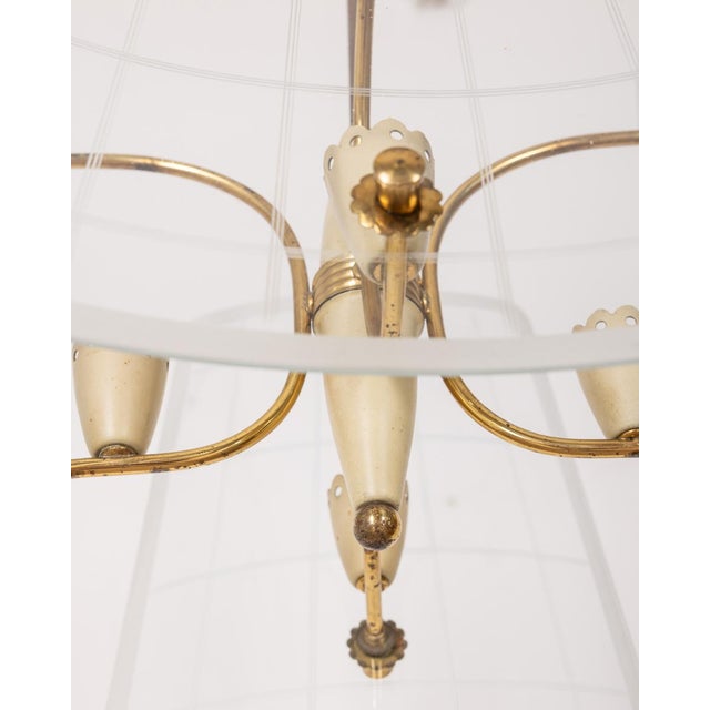 Gold Vintage Hanging Light in Brass and Decorated Glass, 1950s For Sale - Image 8 of 10