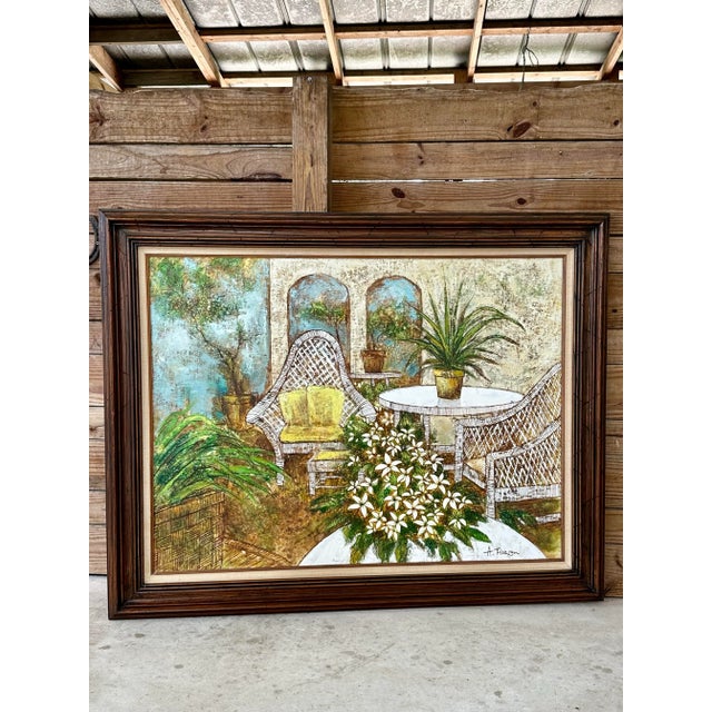 Vintage Coastal Boho Veranda Still Life Wood Framed Oil Painting on Canvas Signed For Sale - Image 12 of 12