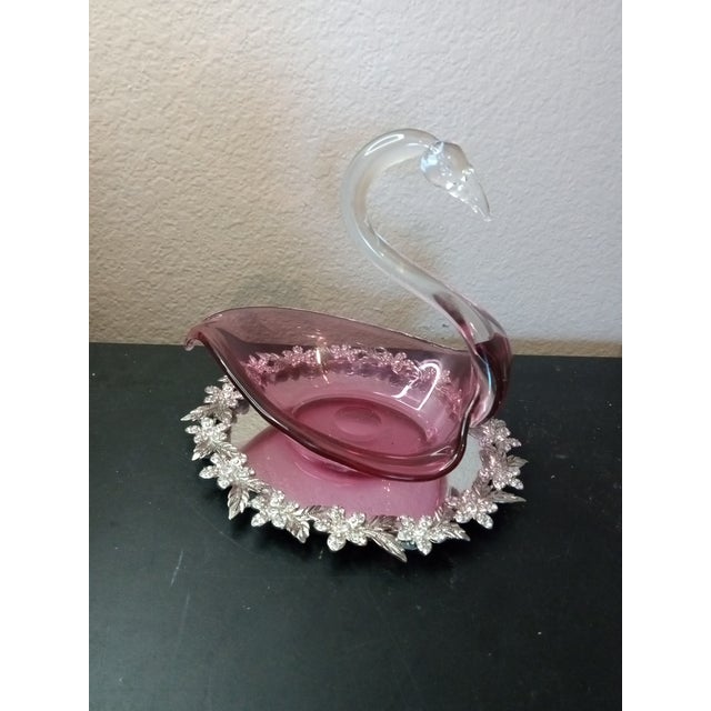 American Exquisite Pilgrim Cranberry Glass Swan Bowl For Sale - Image 3 of 8