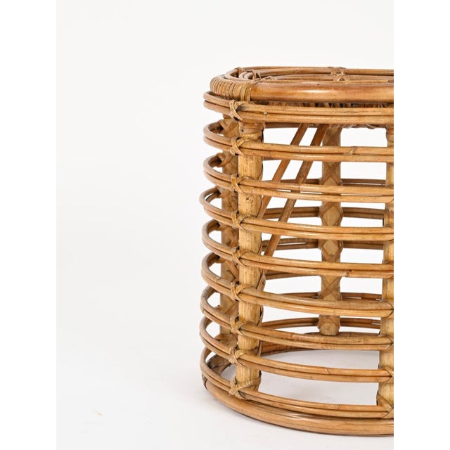 Wood Rattan and Wicker Round Stool attributed to Tito Agnoli, Italy, 1960s For Sale - Image 7 of 11