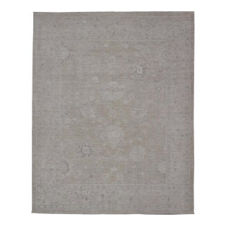 Muted Oushak Rug With Soft Taupe Field and Subtle Ivory Pattern For Sale