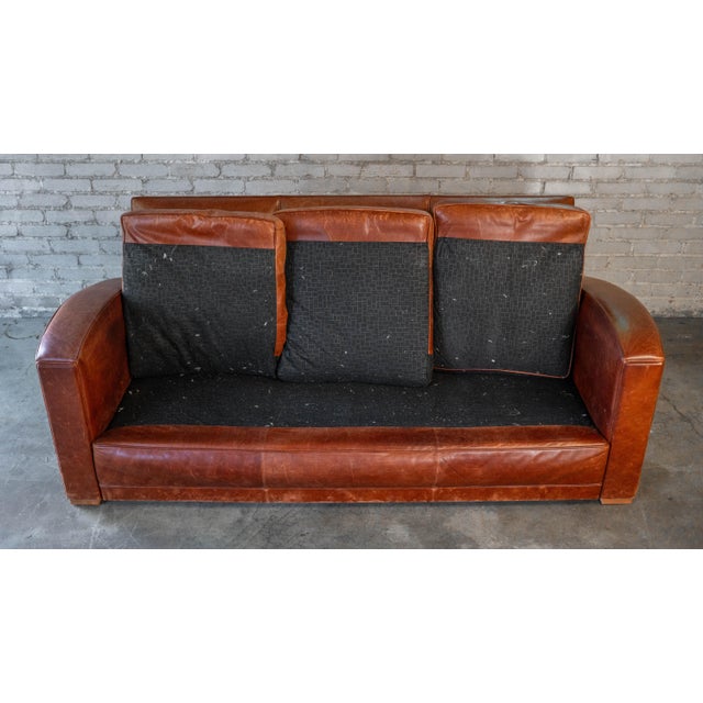 Vintage Art Deco Cognac Leather Sofa For Sale - Image 16 of 16