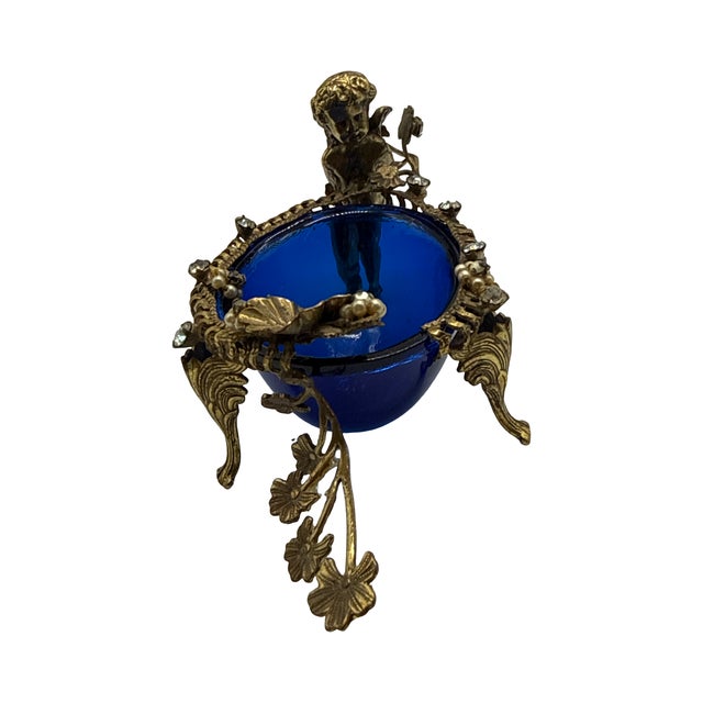 Victorian Antique Cherub Cobalt Glass Gilt Metal Vanity Dish For Sale - Image 3 of 15