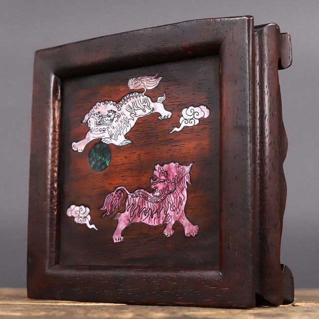 Vintage Chinese Rosewood Display Stand With Mother of Pearl "Double Lion" Inlay For Sale - Image 4 of 9