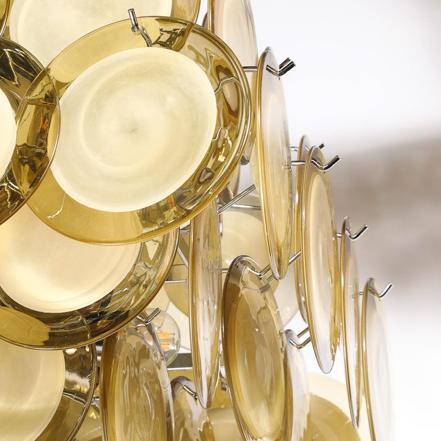 Modernist Hand-Blown Murano Glass Pagoda Form Disc Chandelier in Citrine Hue For Sale - Image 12 of 16
