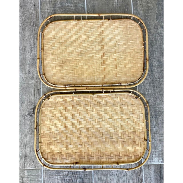 Excellent Pre-Owned Condition. Fabulous retro set of handwoven rattan tiki-inspired trays with bent bamboo gallery rail-...