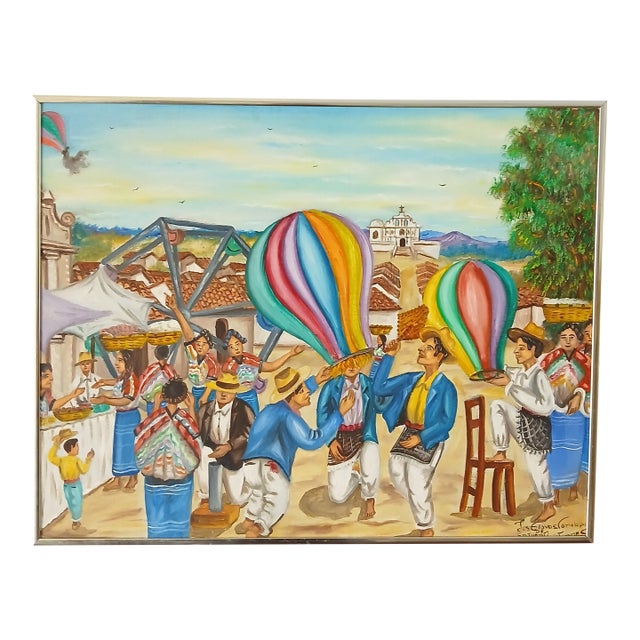Mid 20th Century Guatemalan Folk Art Painting - The San Juan Comalapa Balloons For Sale