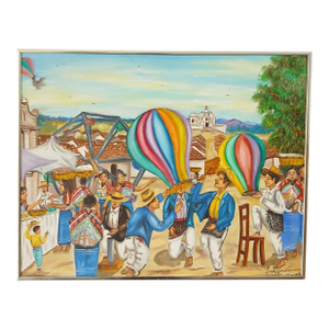 Mid 20th Century Guatemalan Folk Art Painting - The San Juan Comalapa Balloons