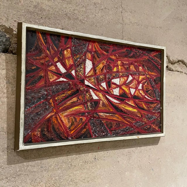 Modern Abstract Oil Painting, Fire Red, Signed, 1966, 19x13 in Mid-Century For Sale - Image 4 of 15
