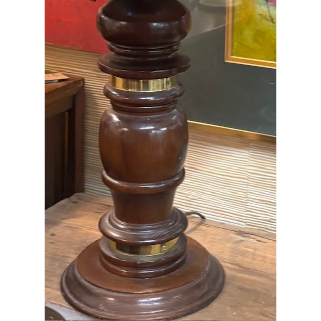 Wood Mid Century Wood and Brass Lamp With Original Gold Parchment Shade For Sale - Image 7 of 7